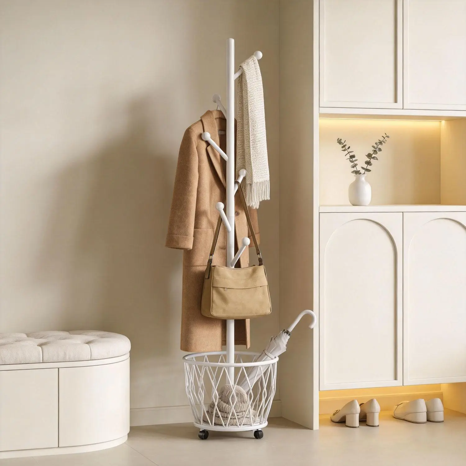 Modern White Tree-Shaped Clothes Hanger - Chic Rustic Bohemian Glam Home Organizer with Storage Basket, Multiple Hooks, Independent Movable Rack for Jackets, Hats, Jumpers, Hallway Use