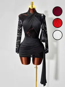 Women's Halter Lace Long Sleeve Bodycon Dress, Sexy Sheer Patchwork, Elegance, Perfect for Dates, Stage, Party, Clubwear