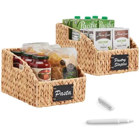 Best Choice Products Hyacinth Angled Pantry Storage Baskets W/ Handles, Chalkboard & Marker (Pack of 2)
