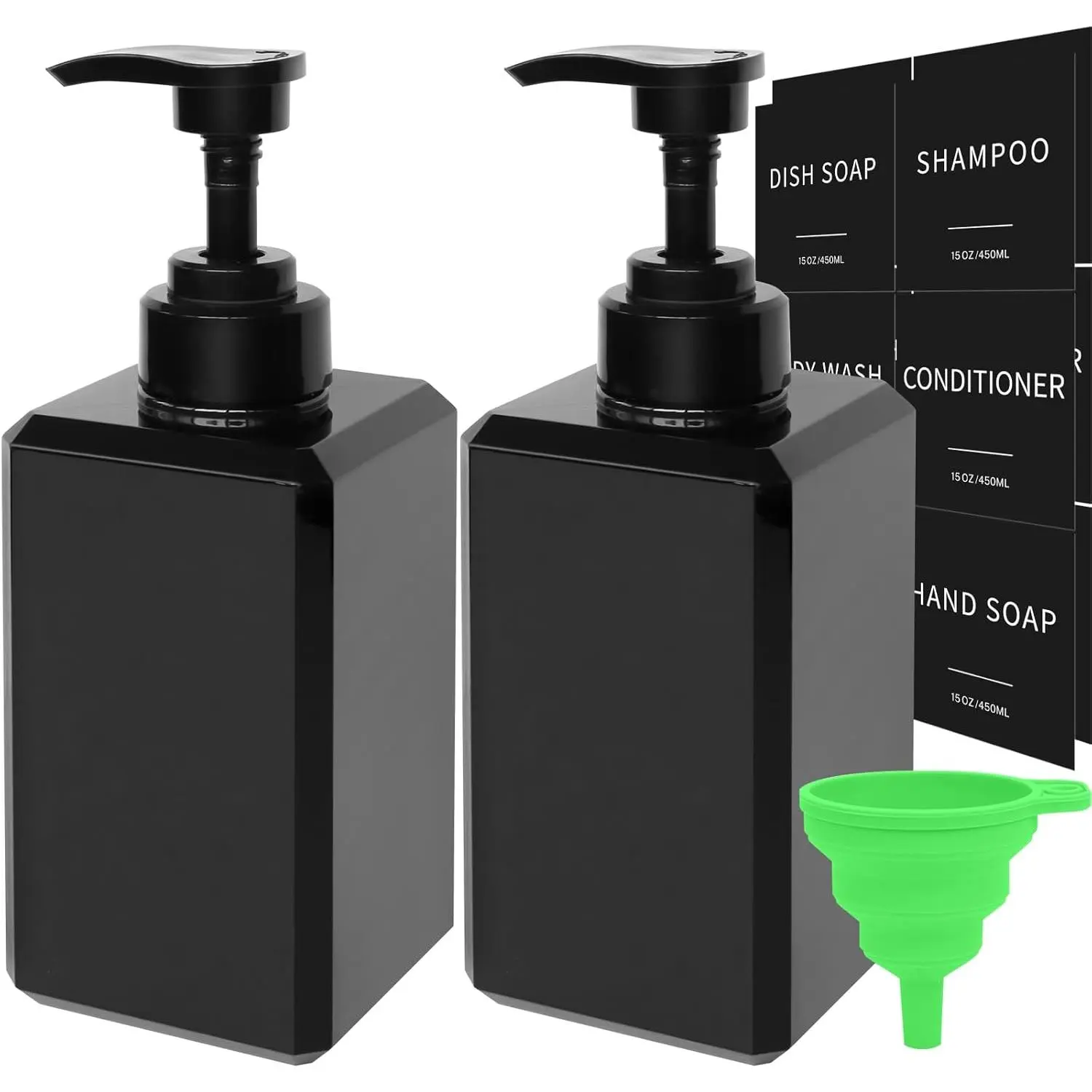 Black Soap Dispenser with  Labels, Thickened Plastic Hand Soap Dispenser for Bathroom, Kitchen Dish Washing Liquid Bottles, Shampoo and Conditioner Bottles with Funnel (15oz 2Pack Black)
