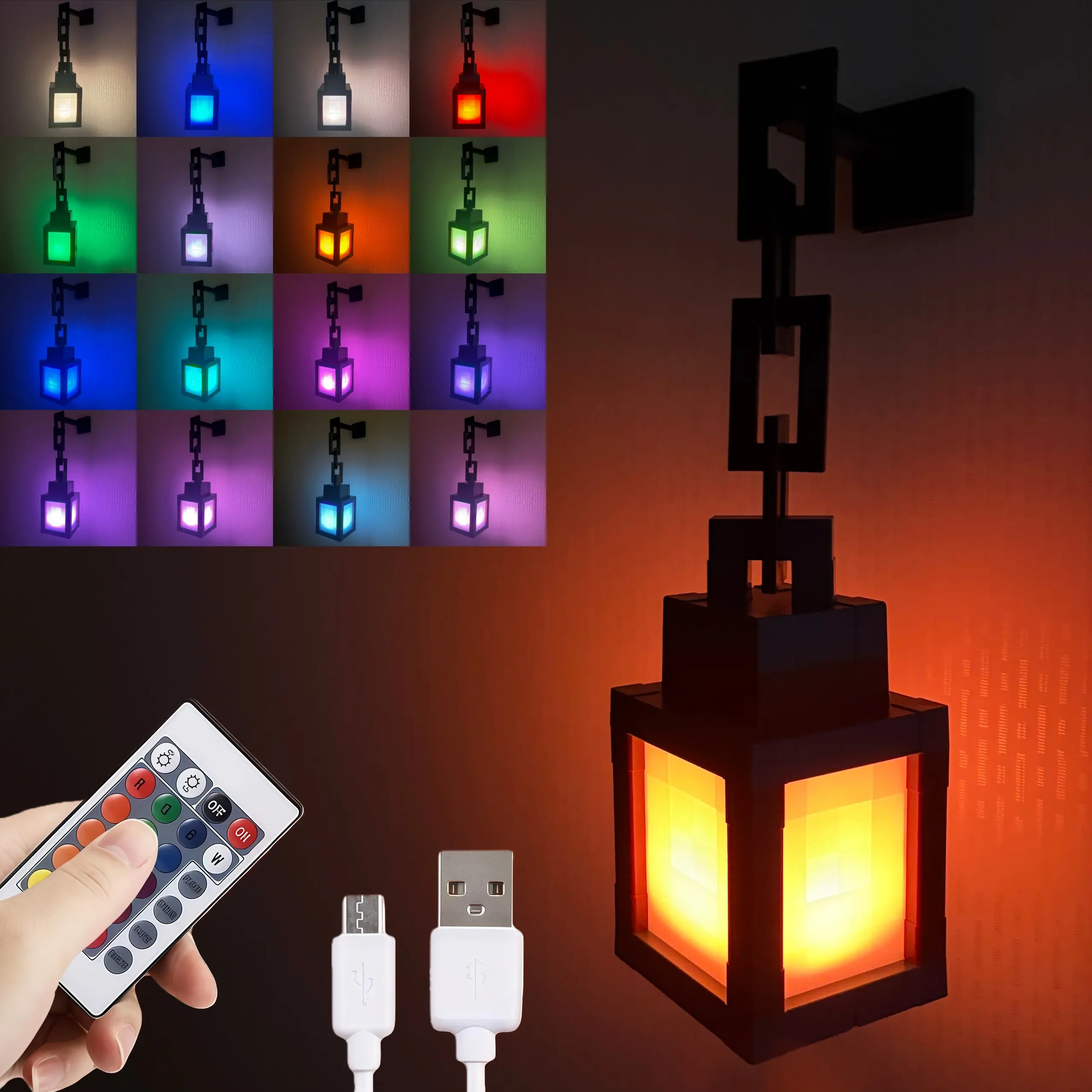 Pixelated Lantern Night Light - USB Rechargeable Night Lamp - 16 Colors LED Mood Light Touch Switch & Remote Control - Wall or Table Mounting Lights, Ideal for Room, Game Room Decor, Gifts for Boys Colorful Backlight Adjustable Rgb Lighting