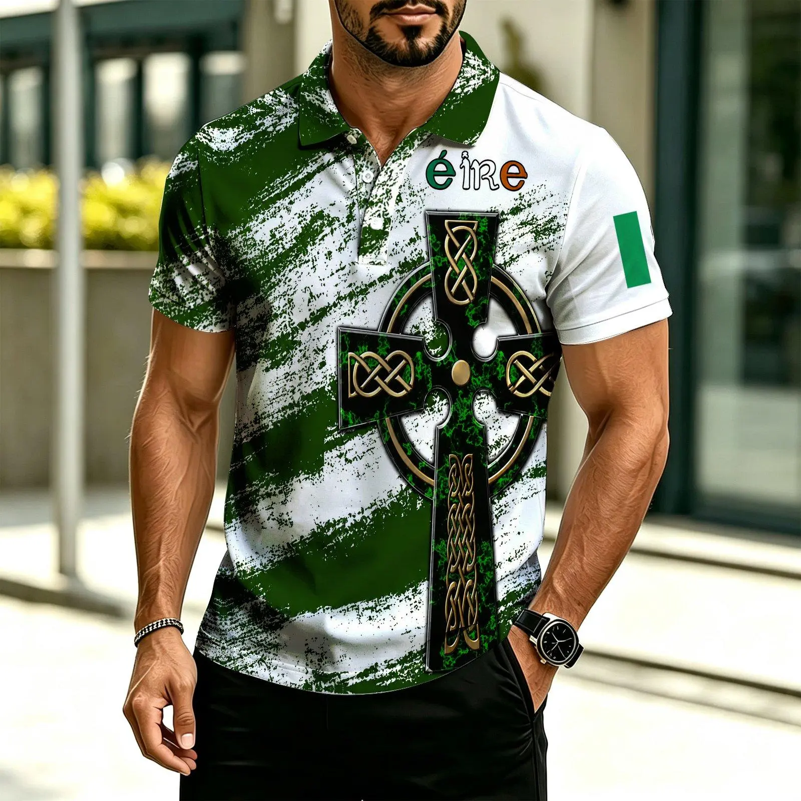 2026 Men's Celtic Cross Ireland Traditional Ethnic Cultural Polo Shirt, & Full Body Celtic Knots Clover Print, Irish Flag Colors Casual Polo Shirt