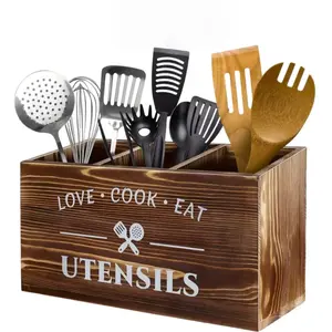 brown utensil holder, kitchen counter with 3 compartments, suitable for storing forks, spoons, and knives, large wooden cutlery rack in rustic style