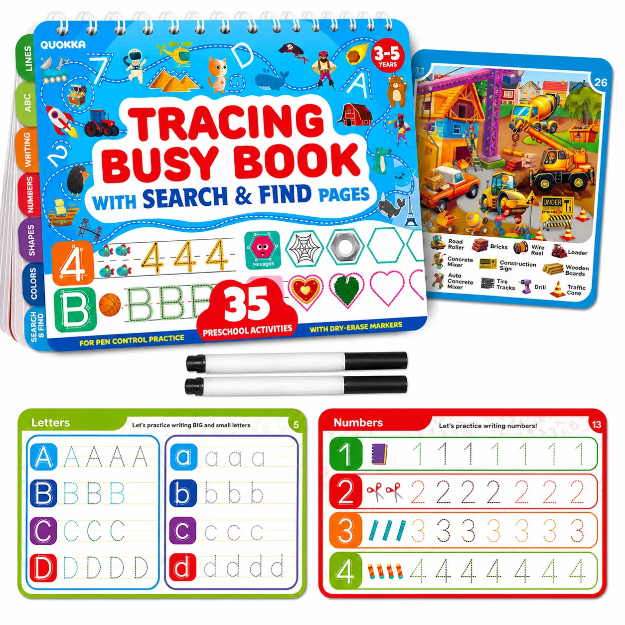 QUOKKA Unisex Busy Book for Toddlers 3-5 - Reusable Dry Erase Learning Workbook with Markers, Tracing, Hand Control, Numbers, Alphabet, Travel Quiet Time Educational Toy Gift for Toddler Learning Activities, Search, Builds Early Literacy, Playful Drawing