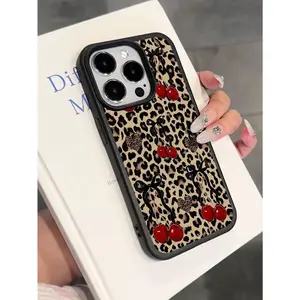 A cute retro leopard print cherry heart pattern soft anti-drop non-slip protective phone case, compatible with Apple 16/15/14/13/12/11/X/XS/XSMAX, a gift for friends, family, and yourself., Cover, Accessories, Smartphone, Cellphone