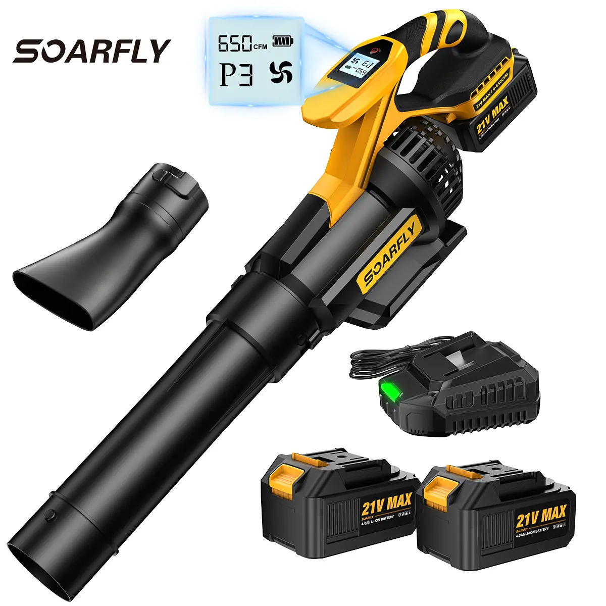 SOARFLY Leaf Blower, Cordless Electric Leaf Blower/Snow Blower, 650CFM/130MPH Handheld Blower, 2×4.0Ah Batteries, Fast Charger, 3 Speed Modes for Lawn Care, Leaves, Dust and Snow