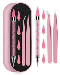 Rhinestone Picker Tool Set,Rhinestone Applicator Tool,Rhinestone Picker Dotting With 4 Extra Pink Replaceable Wax Head and 2 Tweezer (Pink A)