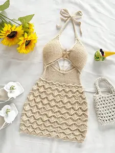 Boho Halter Hollow Out Knit Sleeveless Dress, Spring Summer Vacation, Bestie Afternoon Tea, Market Shopping, Music Festival, Straw Bag Perfect Match