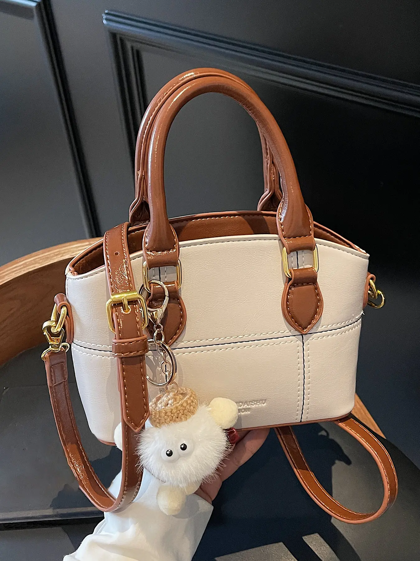 Contrast color stitching mini handbag, Casual handbags, Shoulder Purse, small with plush pendant, casual, multi-color optional, can be carried by hand or cross-body, niche design suitable for daily travel, shopping, Casual Crossbody Bag, Cute Bags