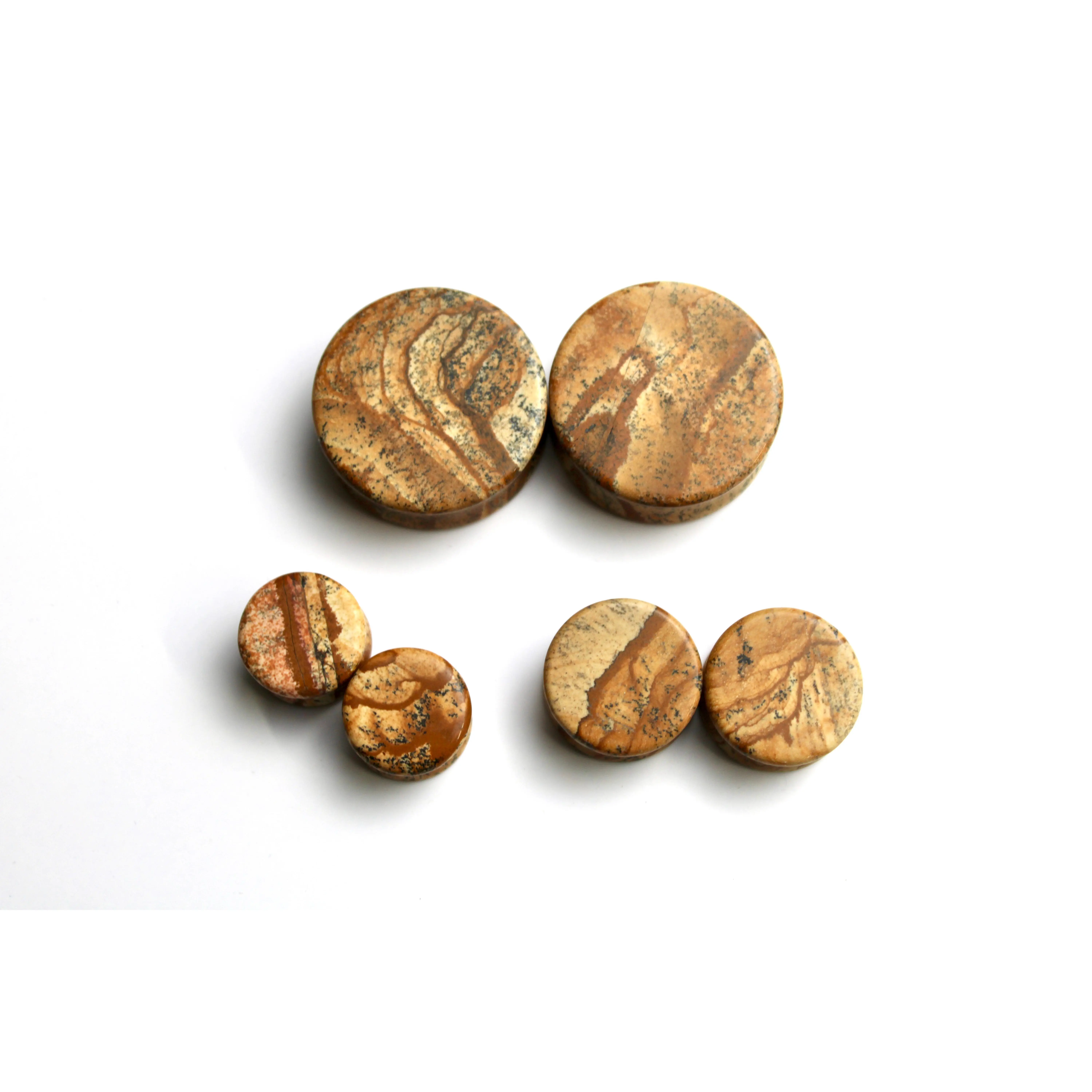 Picture Jasper Earrings for Women, Double Flare Stone Plugs with Polished Landscape Patterns for Stretched Ears in Earthy Tones, Earring Stack