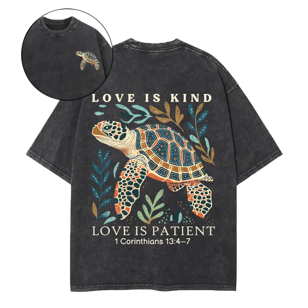 Women's Christian Short-Sleeve Cotton T-Shirt, 1 Corinthians "Love Is Patient Love Is Kind" Graphic Tee, Boxy Oversized Breathable Fabric Vintage Sea Turtle Jesus Christ Religious Apparel