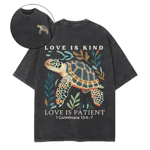 Love Is Patient Love Is Kind Christian T-Shirt Women | 1 Corinthians Jesus Christ Shirt Vintage Sea Turtle Graphic Tee | Oversized Mineral Wash Religious Freedom Apparel