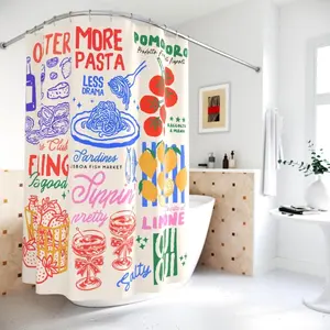 Farmer's Market Shower Curtain, Hand Drawn Doodle Oyster Pasta Lemon Strawberry Fabric Bath Decor with Hooks for Home, 1PC