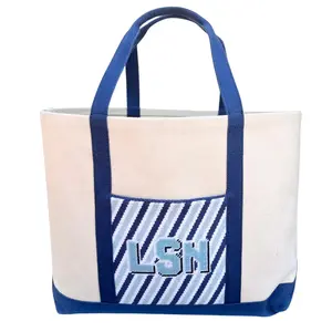 Monogram Needlepoint Tote Bag - Blue Stripe