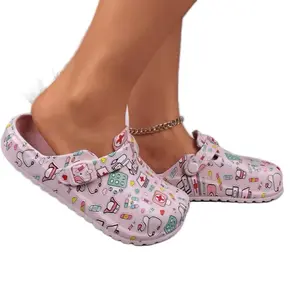 Women’s Pink Medical Healthcare Workers Cartoon Print Platform EVA Clogs Mules Walking Shoes with Adjustable Buckle Water-Resistant Comfortable Fit for Nurses Doctors & Everyday Use