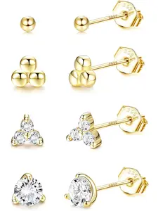 Tiny Stud Earrings Gold Plated Sterling Silver Small Trio Ball/Stud CZ Earring Set for Women Minimalist Tragus Cartilage Piercing 20G Stud Earrings Jewelry
