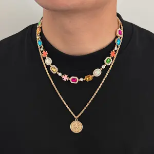 Punk Hip Hop Cross Compass Necklace for Men, Colorful Gemstone Inlaid Luxury Oil Dripping Jewelry