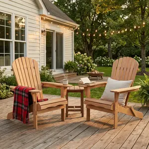 Solid Wood Folding Adirondack Chair Set of 2 - Heavy Duty Outdoor Wooden Lounge Patio Chair with Pre-Assembled BackRest for Garden, Lawn, Backyard, Porch, Pool, Deck,Light Brown