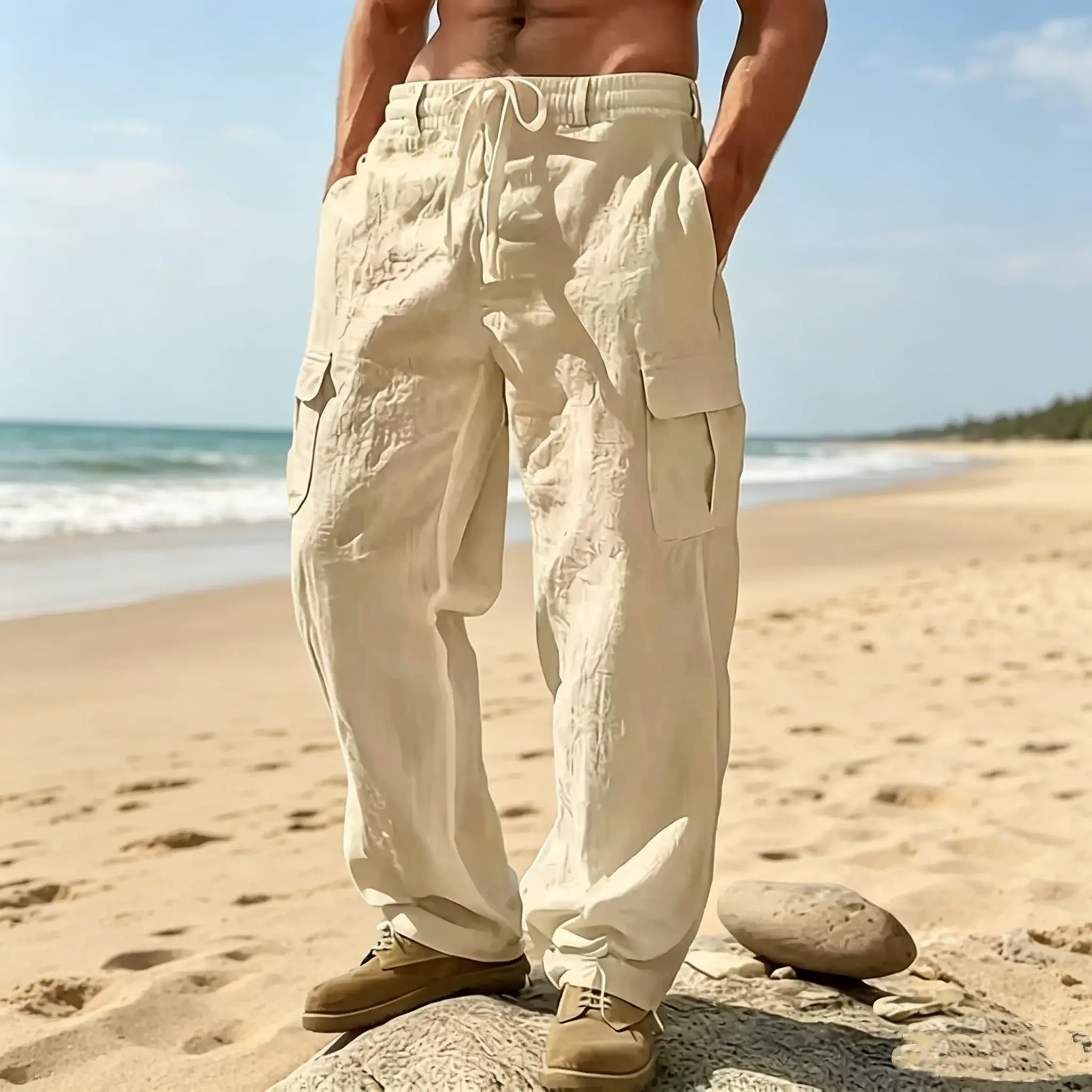 Men's Woven Cargo Pants - Casual Linen, Drawstring Waist, Plain Straight Leg, Multiple Pockets, Breathable Fabric for Outdoor Activities, Cargo Men's Pants