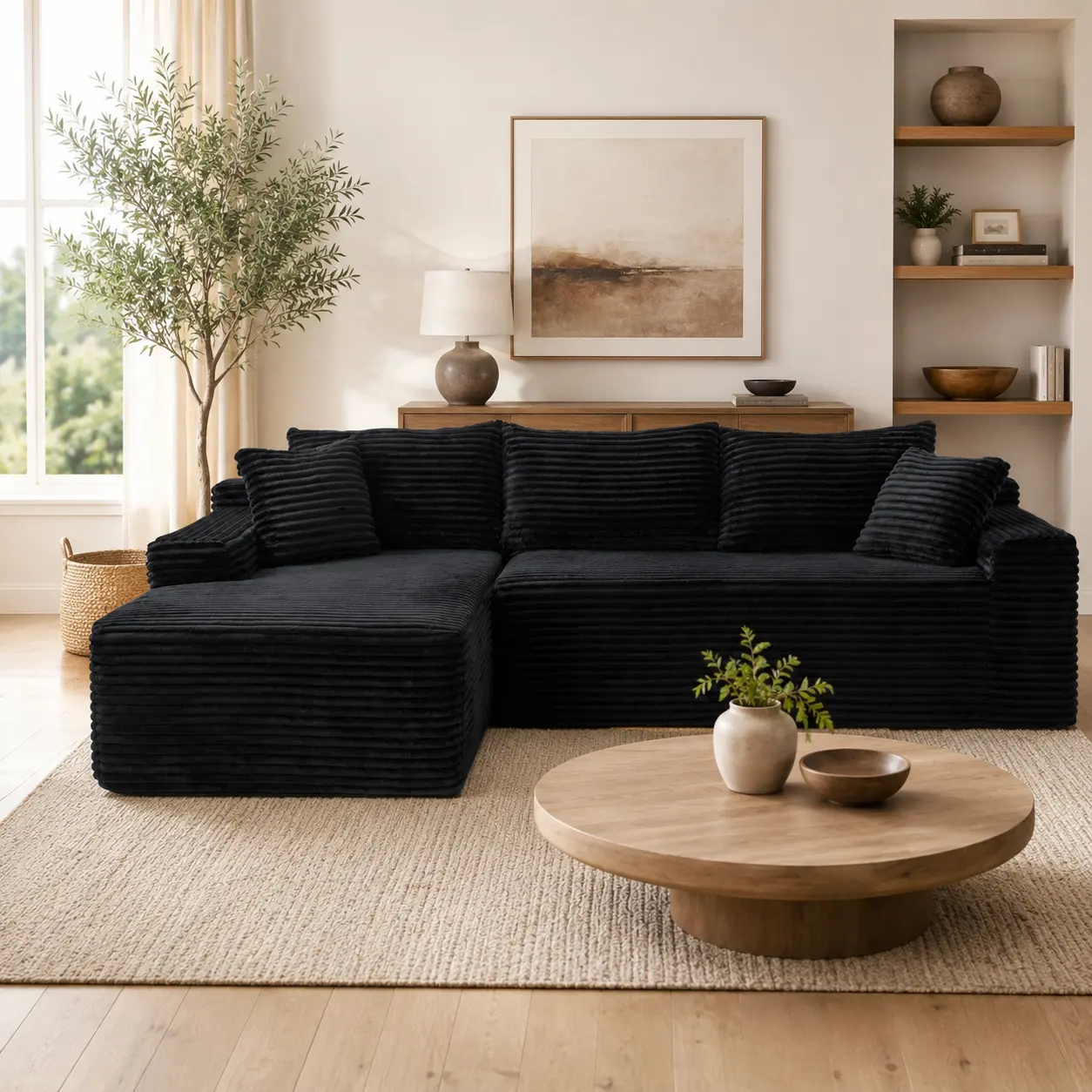 Extra Large L-Shaped Sofa with Right-Side Chaise, Minimalist Compressed Frame, No Assembly Required, Modular Cloud Combination Couch for Living Room And Bedroom, Plush Corduroy Fabric