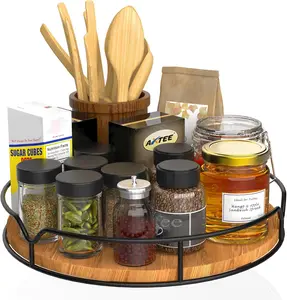 Wooden Lazy Susan Turntable Organizer for Kitchen, Pantry, Cabinet, Countertop, Refrigerator, Bathroom Vanity, and Cupboard - 9" Round Rotating Tray for Spice Organization, Wood Decor