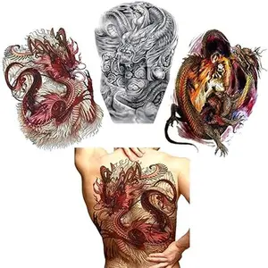 Super Large Full Back Covered Temporary Tattoo, 3 Pack Big Fake Realistic Tattoos Stickers for Adults Women Men, Scary Fierce Dragon Tiger Design