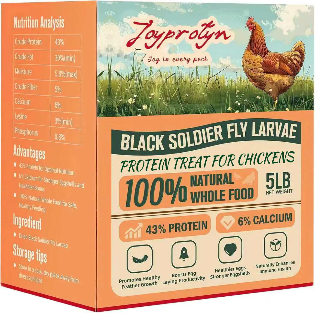 Joyprotyn 5LB Dried Black Soldier Fly Larvae for Chicken Non-GMO - 85X More Calcium Than Mealworms for Strong Eggshells & Healthy Growth - High Protein for Chickens Birds Ducks Geese & Pets Natural Insect Powdered Feed - Enhances #DealsForYouDays