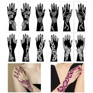 Henna Hand Tattoo Stencil, 12pcs/set Hollow Out Design Temporary Tattoo Stencils, DIY Body Art Decoration for Women & Girls