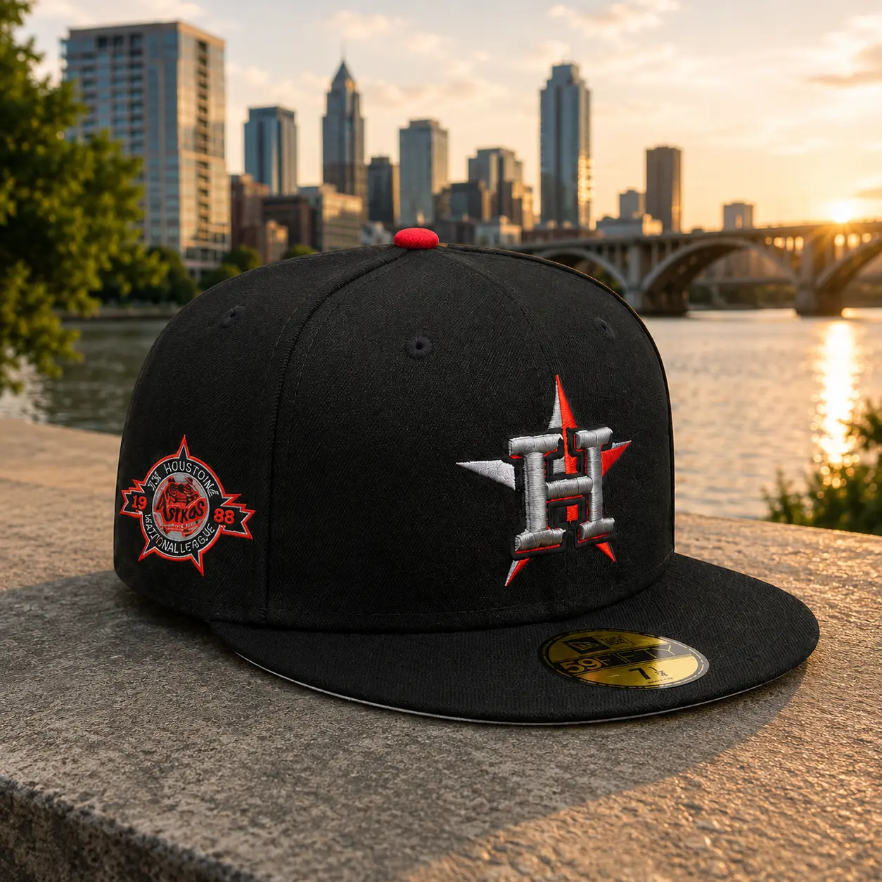 New Era Houston Black Fitted Baseball Hat – Embroidered H Star Flat Brim Sports Cap