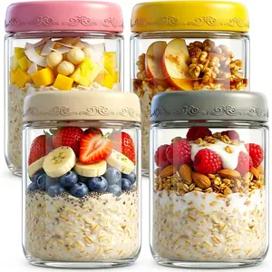 16oz 4Pack Glass Overnight Oats Jars with Airtight Leakproof Lids, Reusable Mason Jars for Meal Prep, Yogurt Parfaits, Smoothies, Salads & Healthy Breakfasts (16 OZ-4-2)