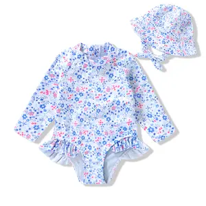 Infant Baby Girl Swimsuit One-Piece Long Sleeve Rash Guard with Hat Set Floral Zipper Bathing Suit Leopard Beach Wear Swimmingoutfit Swimoutfit