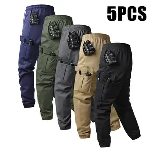 Pack of 5 – Men’s multi-pocket casual cargo pants, comfortable and breathable men’s outdoor sports long pants, solid-color jogger sweatpants with side flap pockets and elastic waistband, suitable for everyday casual outings.