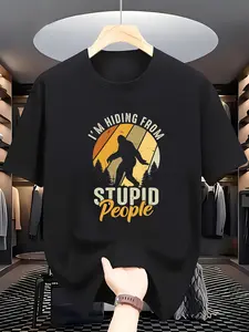 Men'S Sasquatch "I'm Hiding from People" Graphic T-Shirt - 100% Cotton Moisture-Wicking Regular Fit Short Sleeve Tee, Black Casual Summer & Fall Top with Geometric Print, Perfect Holiday Gift, Fall Casual Top| Humorous Graphic Tee| Medium Stretch Fabric