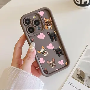Creative Brown High Bamboo Phone Case Design (French Bulldog + Pink Heart Pattern).TPU Shockproof Full Protection Case, Compatible with iPhone 17/16/15/14/13/12/11 PRO MAX PLUS AIR E XS and PROMAX MINI, Ideal Gift for Friends and Family, T1272