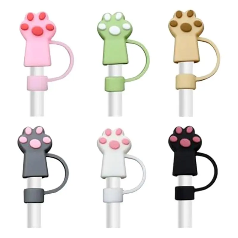 6PCS Cute Straw Cover Toppers for 10mm Straw,Silicone Straw Tips Lid Compatible with for Stanley,Cats Paws Straw Stopper