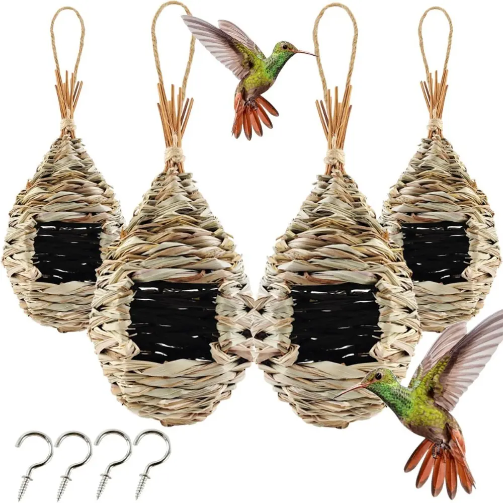 Hand Woven Hummingbird House 4PCS,Bird Hut and Hummingbird Houses Nest,Small Hanging Bird Chickadee House for Finch Canary in Outdoor