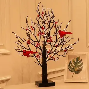 Vintage glowing tree, featuring cardinal, berries, Christmas, wedding, birthday scene settings, perfect for home, living room, bedroom, and party festive decorations, environmental tree lights, gift decorations
