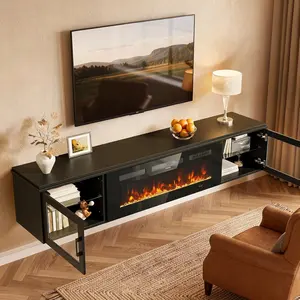 Aoxun 70" Modern Wall-Mounted Floating TV Stand with 36" Electric Fireplace, High Gloss Black Entertainment TV Stand with Storage & Mirror Insert, Fits Up to 80" Sets, Ships in 2 Packages (Living Room)