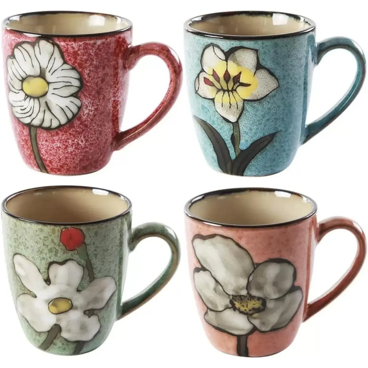 Ceramics 12oz Cappuccino Mug,Coffee mugs,Tea mugs,Kiln Glazing Process,Microwave and Dishwasher Safe,  For Tea, Espresso, Latte - Porcelain Mugs for Kitchen or Cafe (Red+Blue+Green+Pink)
