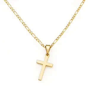 14K Gold Cross Necklace for Women Men, Figaro Chain Christian Pendant Necklace, Trendy Aesthetic Jewelry Gift with Cross Emblem, Gold-Toned & Long Length Designs, Cross Emblem Necklaces, Gold-Toned Cross Necklaces