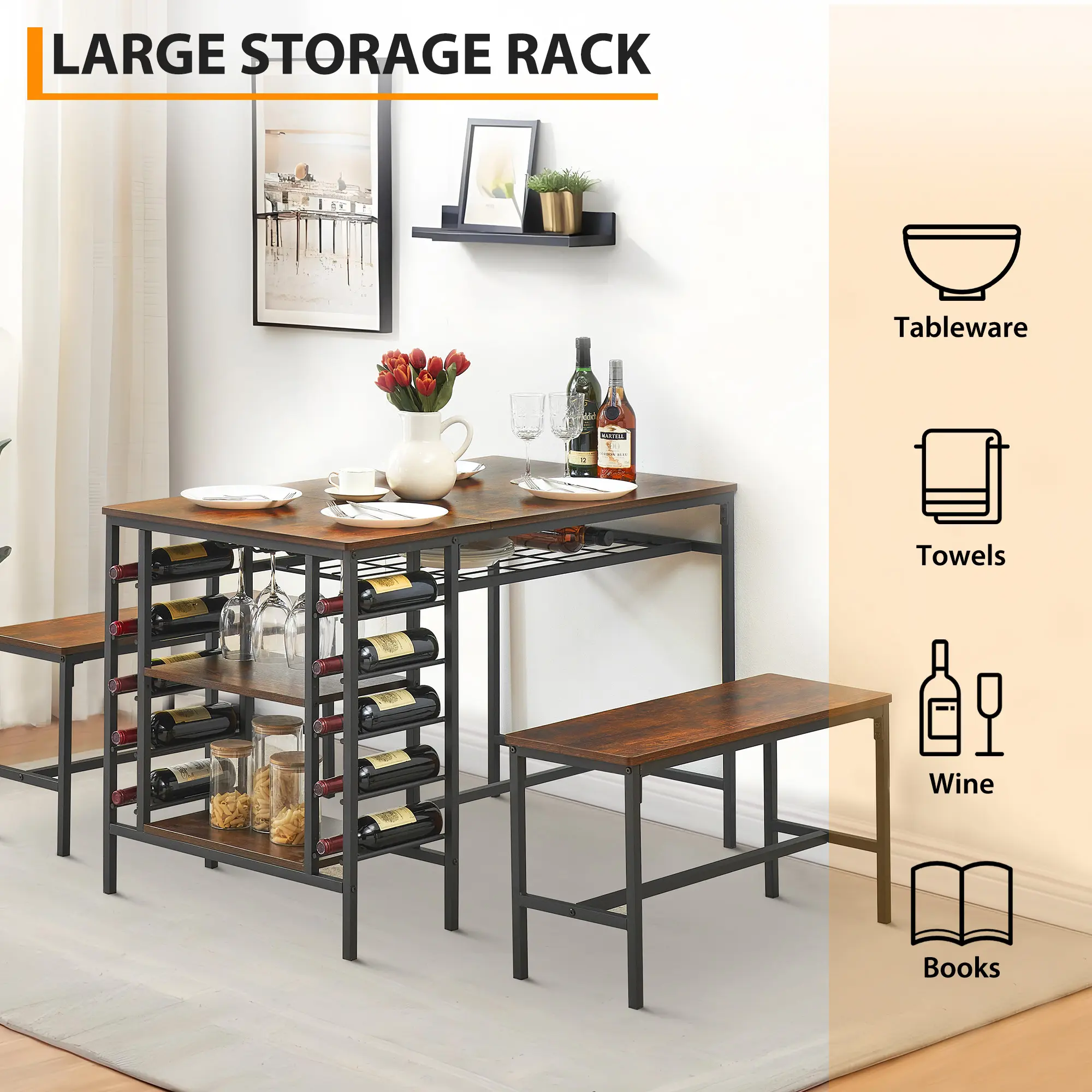 Conjunto de comedor compacto para 4 personas – Mesa rectangular de 120 cm con 2 bancos – Estructura metálica resistente – Estante de almacenamiento de 2 niveles y soporte para vino – Ideal para cocinas pequeñas y espacios reducidos – Diseño clásico