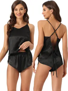INSPIRE CHIC Satin Pajamas Backless Sexy Lingerie Top with Shorts Silky Cami Lounge Sets
