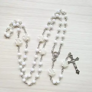 White Rose Plastic Rosary Necklace Long Jesus Cross Religious Prayer Jewelry
