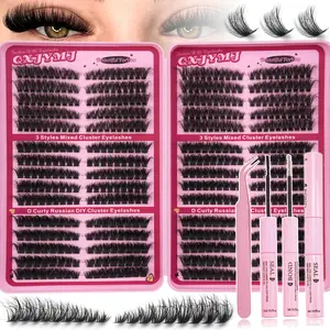 DIY eyelash cluster, fluffy, natural effect, reusable independent set, containing eyelash adhesive and sealant, tweezers, eyelash extension set suitable for home or outdoor use, used in daily life, weddings, dates, parties, travel, Christmas and other sce