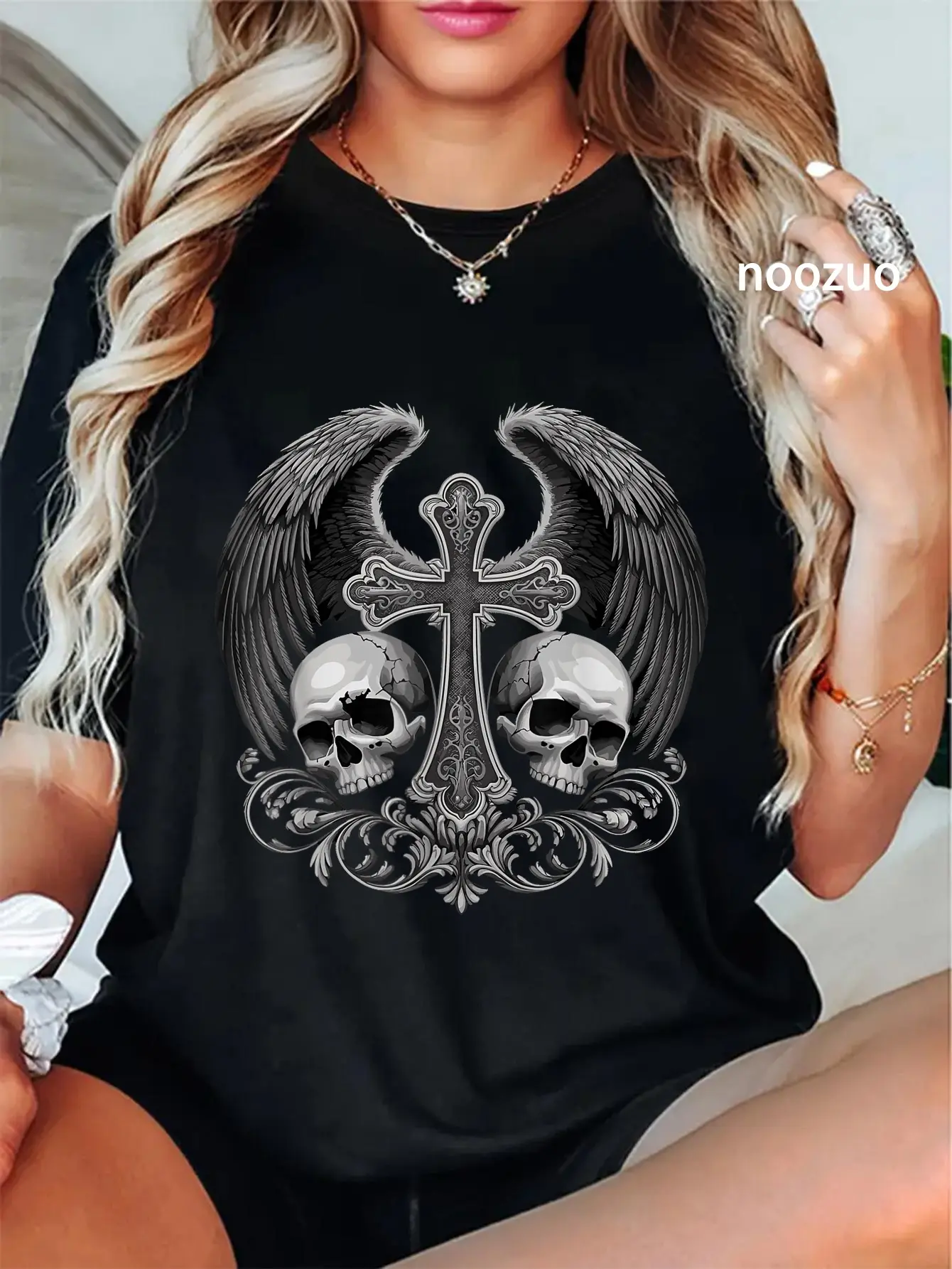 Women's Gothic Style Graphic Print T-Shirt, 100% Cotton Short Sleeve Top with Skull Cross and Angel Wings for Everyday Wear, Casual, Short Sleeves