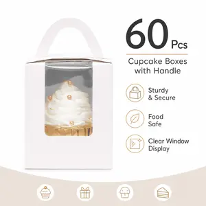 60 Pack White Cupcake Boxes – Individual Disposable Box with Clear Window, 3.7” Square x 4.3” Tall – Perfect for Bakery Packaging, Birthday Parties, Cookie Exchange outdoorfun