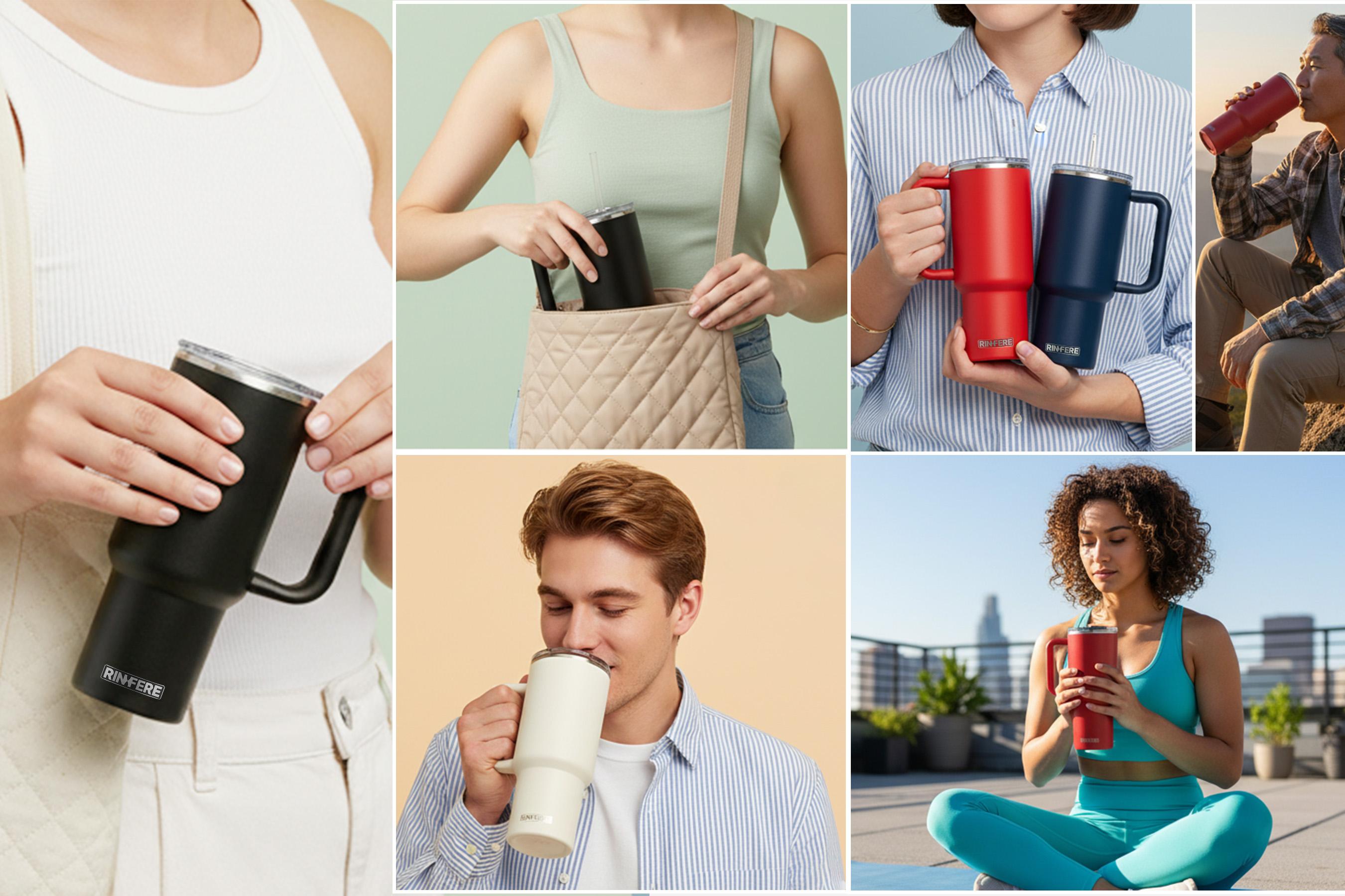 RINFERE Tumbler with Handle, Straw and Slide Lid - 100% Leak Proof, Cup Holder Compatible for Travel - Insulated Stainless Steel Cup - Non-Slip Silicone Pad - BPA-Free (30 OZ)