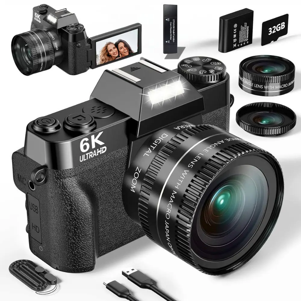 🔥6K Ultra HD Camera｜64MP Vlogging Camera Powerhouse｜180° Flip Screen + WiFi Direct Data Transfer + 52mm Lens + 32GB Card + HD Digital Camera + High Definition Camera + Content Creator Camera