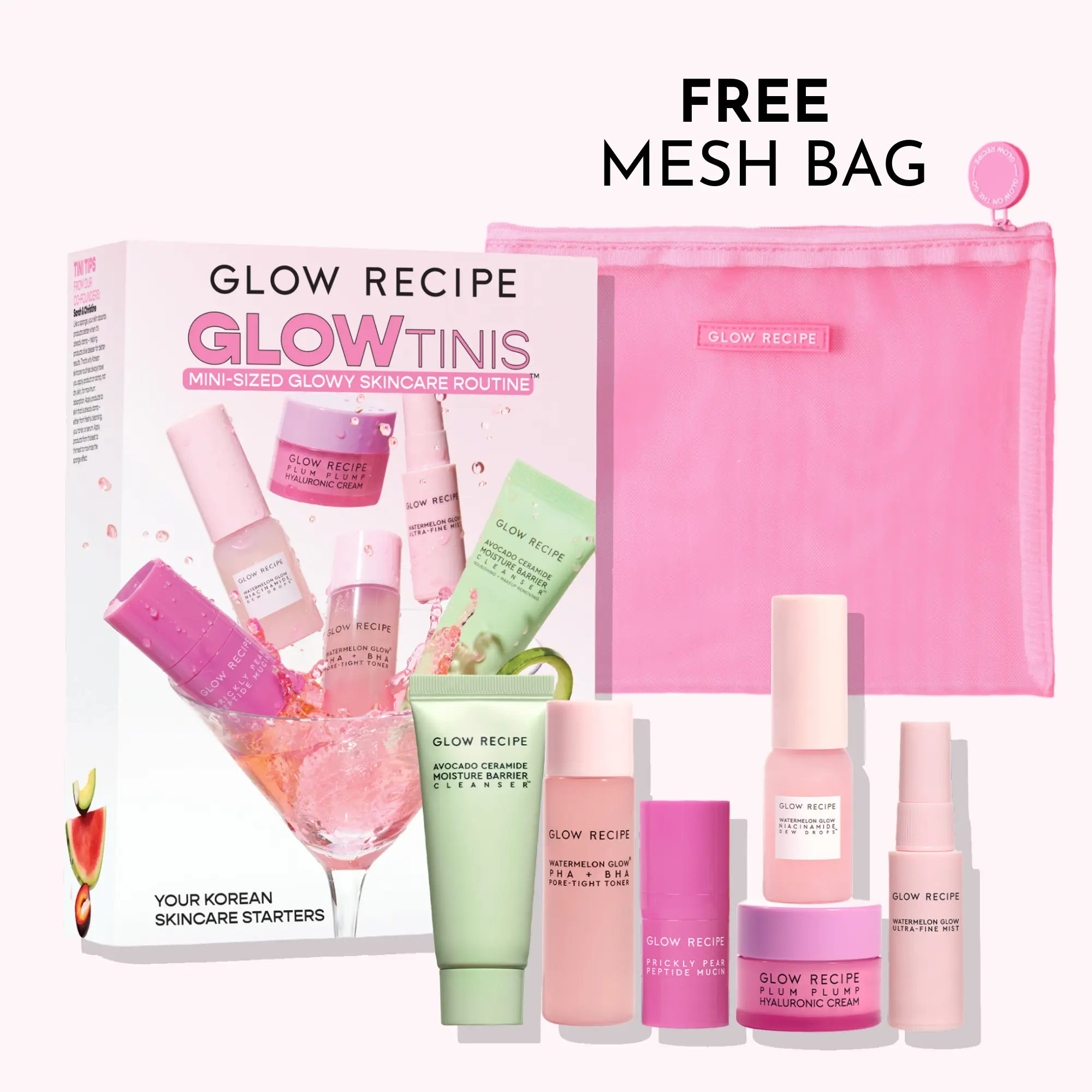 Glow Recipe GlowTinis Mini Skincare Set - Korean Travel Kit with Watermelon & Hyaluronic Acid to Hydrate, Brighten, and Repair for Radiant Skin, Repairing, Glow Up, Brightening, Morning Routine, Gift Sets, Travel Toiletries, Hydration, Cleanser, Avocado,,