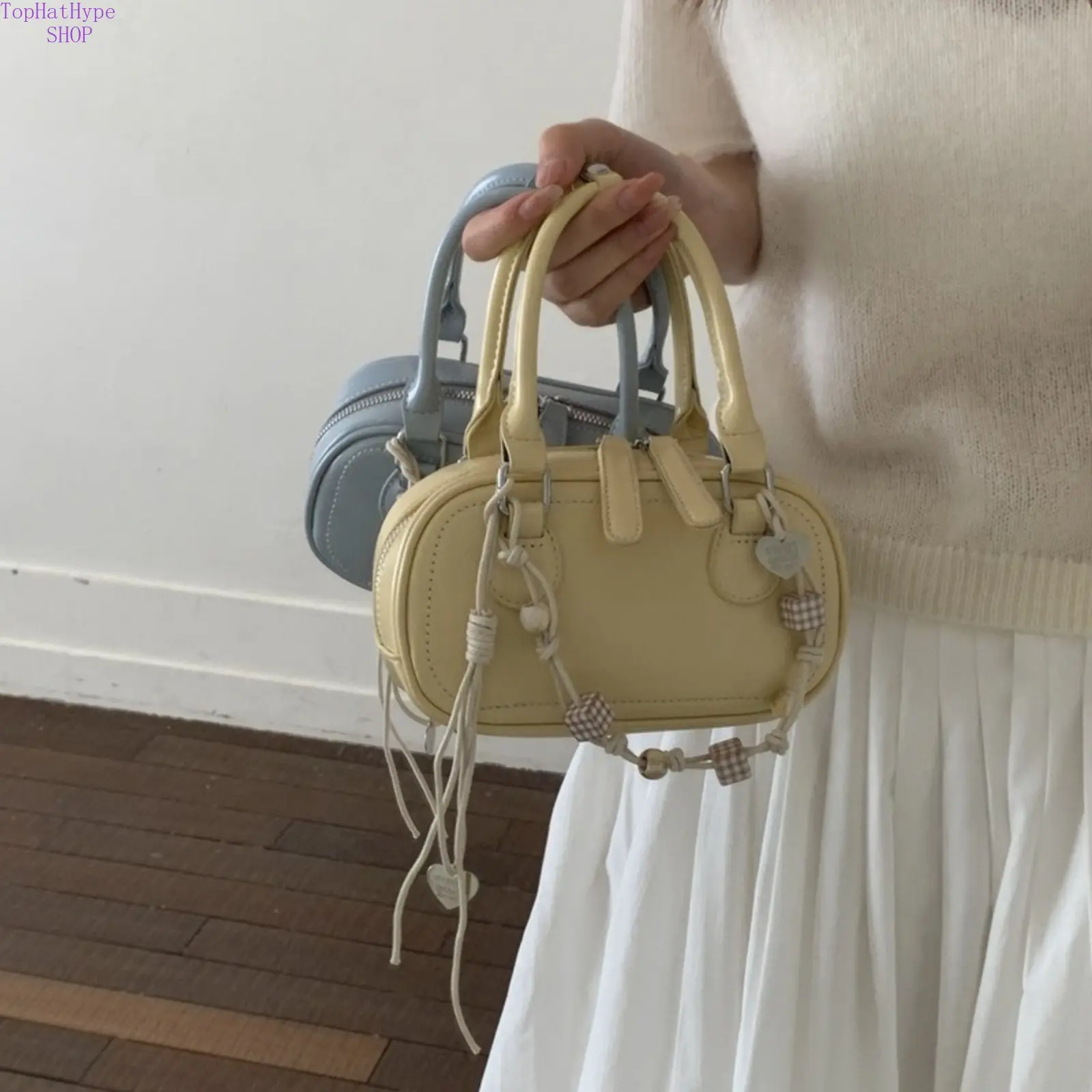 Women's Korean-Style Mini Bowling Shoulder Bag - Top Handle Satchel, Work Bag with Detachable Crossbody Strap for Work Commute, Mini Bowling Handbag